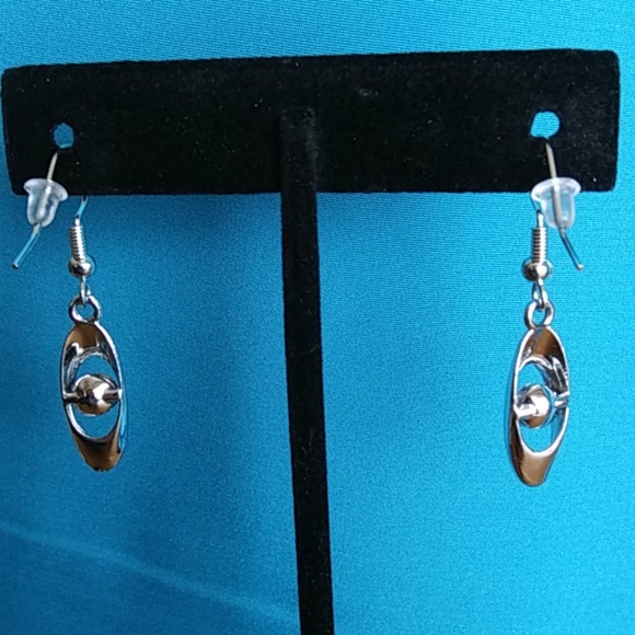 Silver Tone Drop Earrings with Center Pink Stone - Picture 2 of 2